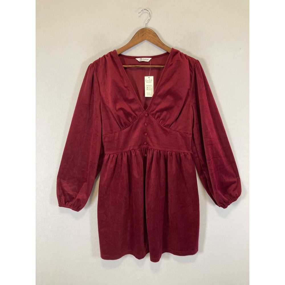 Romantic NWT Cupshe‎ Womens Large Burgundy Velvet V-Neck Button Front Mini Dress
